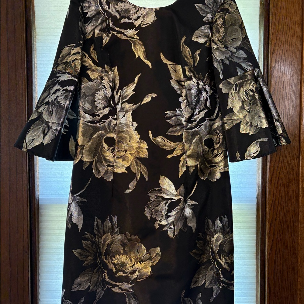 Trina Turk Black Dress with Metallic Gold Floral Jacquard